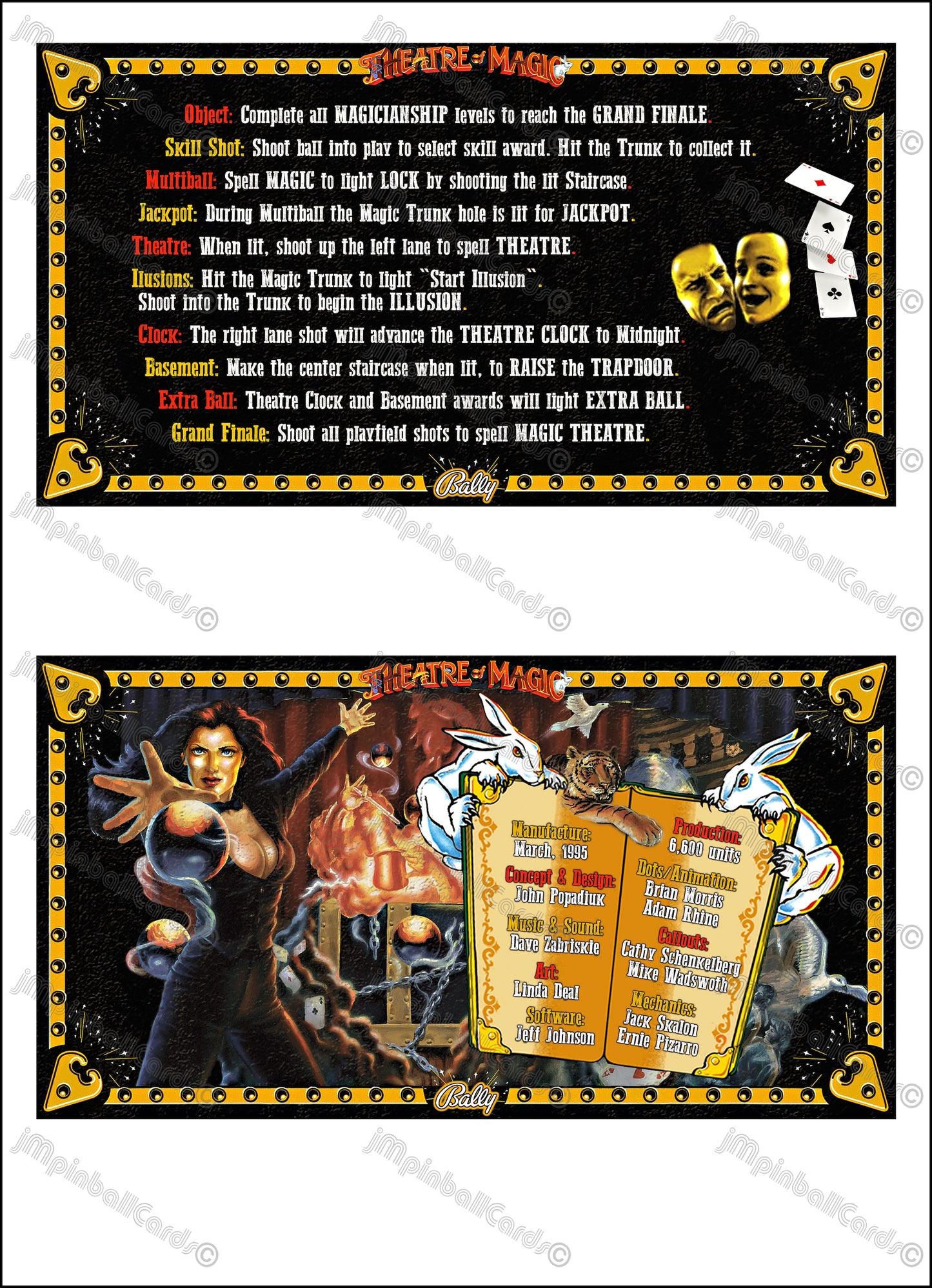 Bally Theatre Of Magic 1995 Jeu Cartes Instructions Flipper Custom Apron règles imprimées